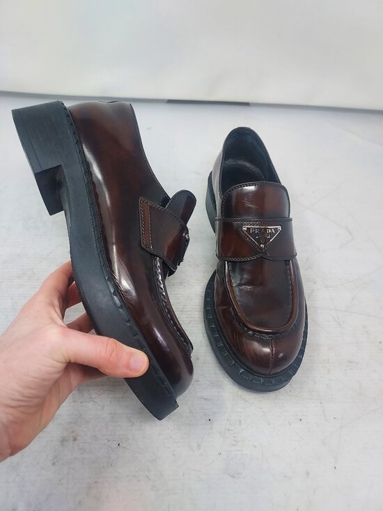 Prada Shoes - Prada WOMENS Logo Burgundy Red Brown Chocolate Brushed Leather Shoe